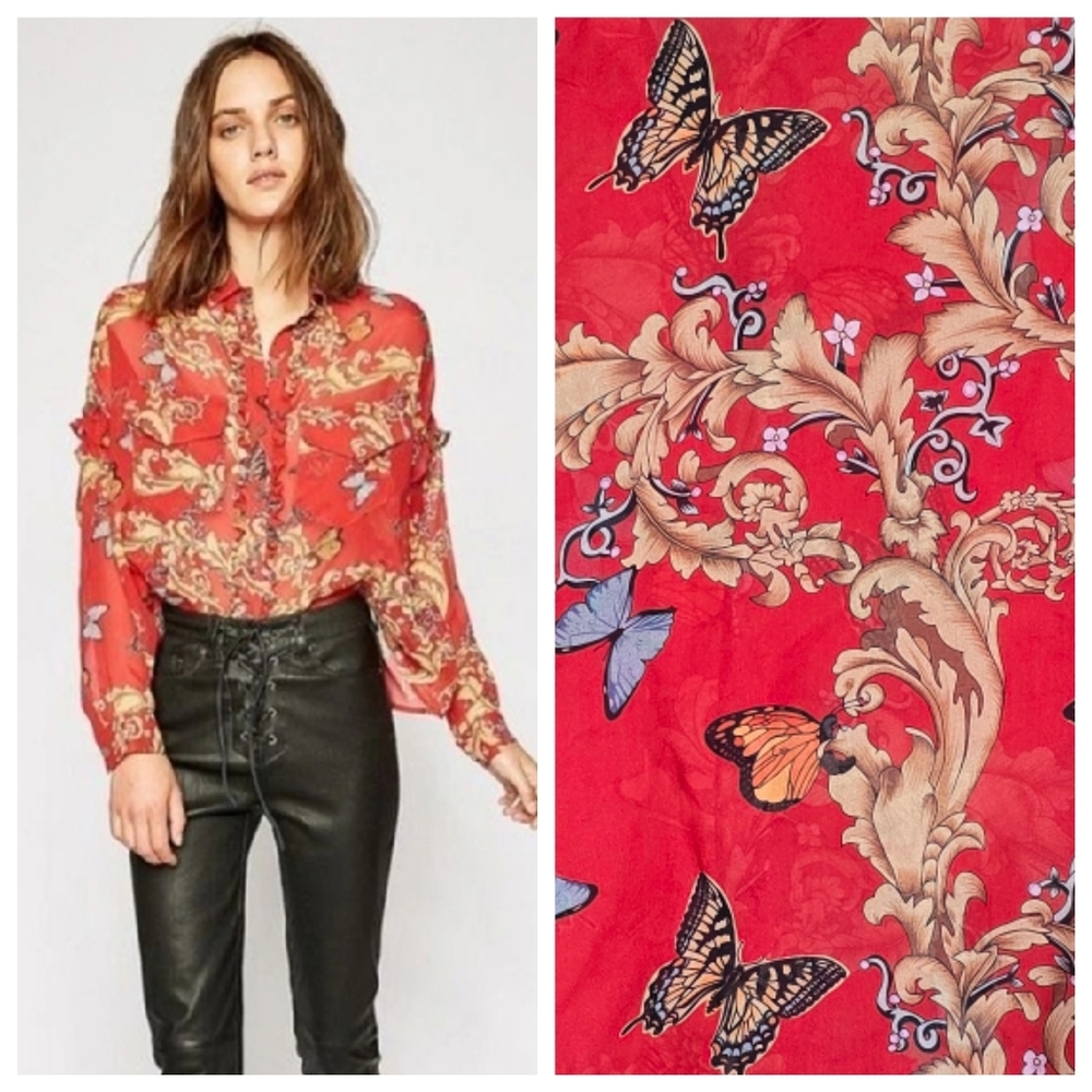 The Kooples Silk Ruffled Leaf and Butterfly Blouse Top Shirt